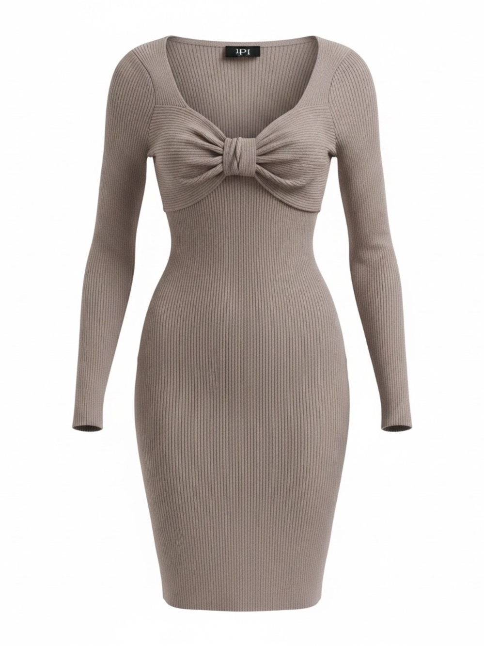 Derek Heart Taupe Ribbed Knot-Front Long Sleeve Dress